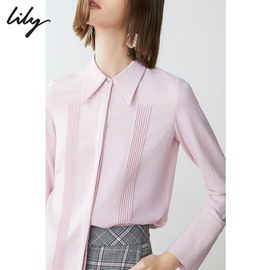 Lily2019春新款女装商务通勤纯色气质压褶收腰衬衫119110C4229