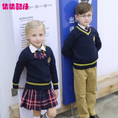 2016秋季套头V领针织幼儿园园服班服 中小学生团体英伦风校服套装