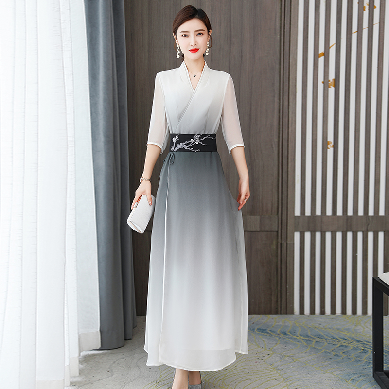 2023新款中国风长裙中式茶服修身汉服改良渐变色真丝桑蚕丝连衣裙