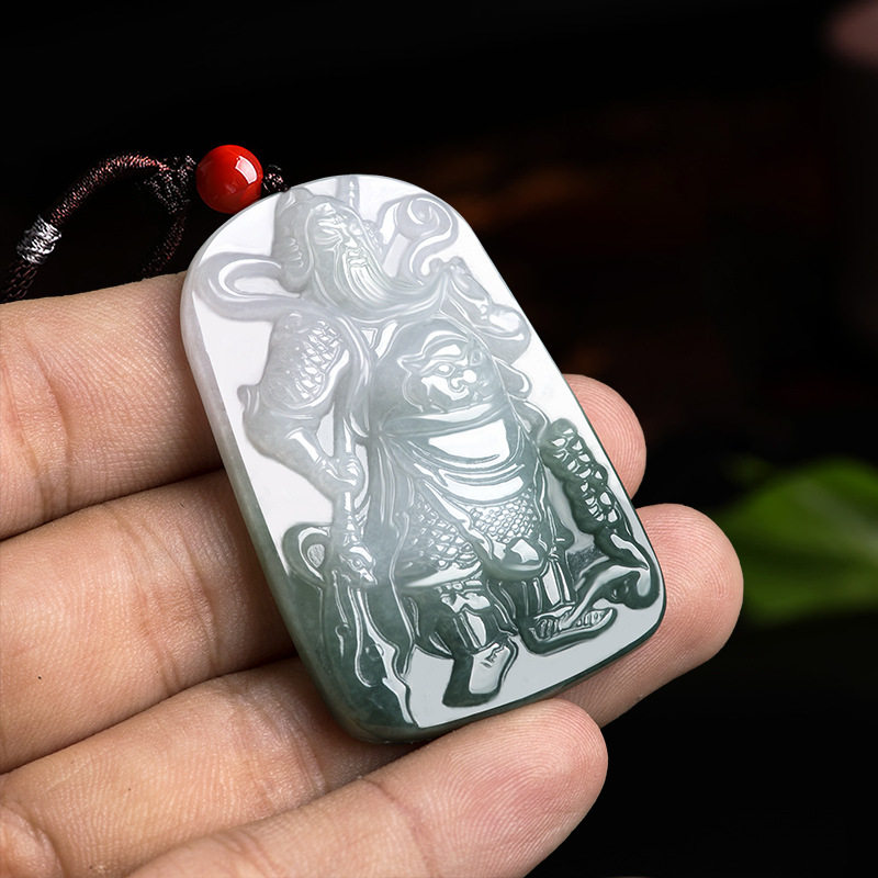 天然缅甸a货翡翠玉关公吊坠冰种关羽大挂件招财关二爷挂绳潮饰品