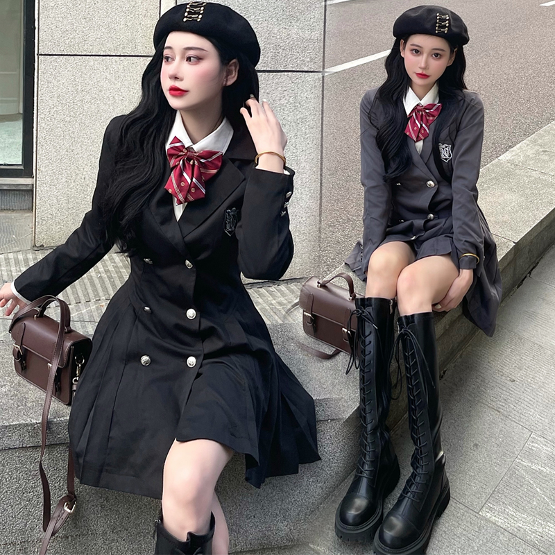 欧美辣妹风冬装蹦迪jk制服套装英伦风复古学院西装裙子两件套气质
