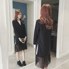 2016秋冬韩版新款女装中长款V领两件套蕾丝拼接连衣裙毛呢打底裙