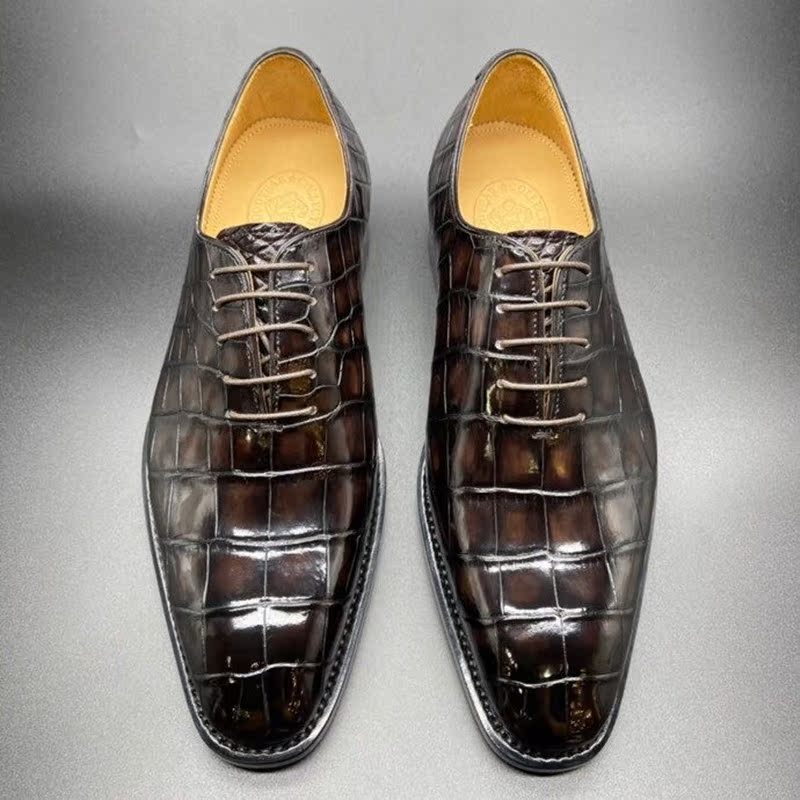 高端精品定制意大利鳄鱼皮皮鞋商务正装手工擦色皮底固特异男鞋子