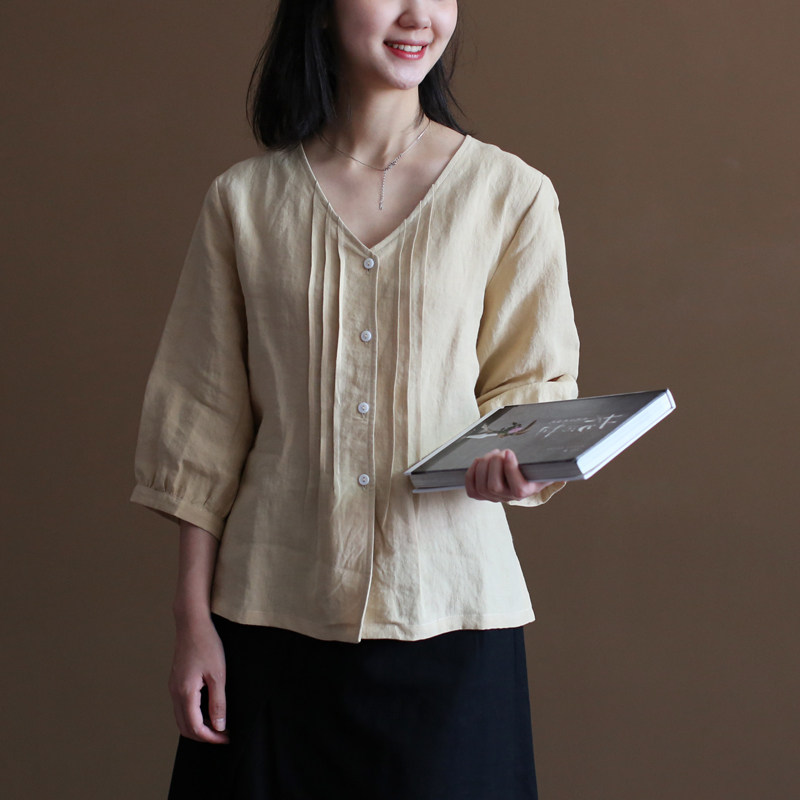 三五年y323复古汉麻v领衬衫文艺宽松大码日系春季衬衣森女士上衣