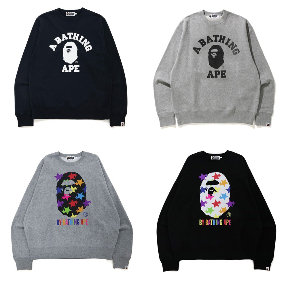 日系bape潮牌经典猿人头彩色星星印花圆领加绒卫衣男女宽松秋冬款