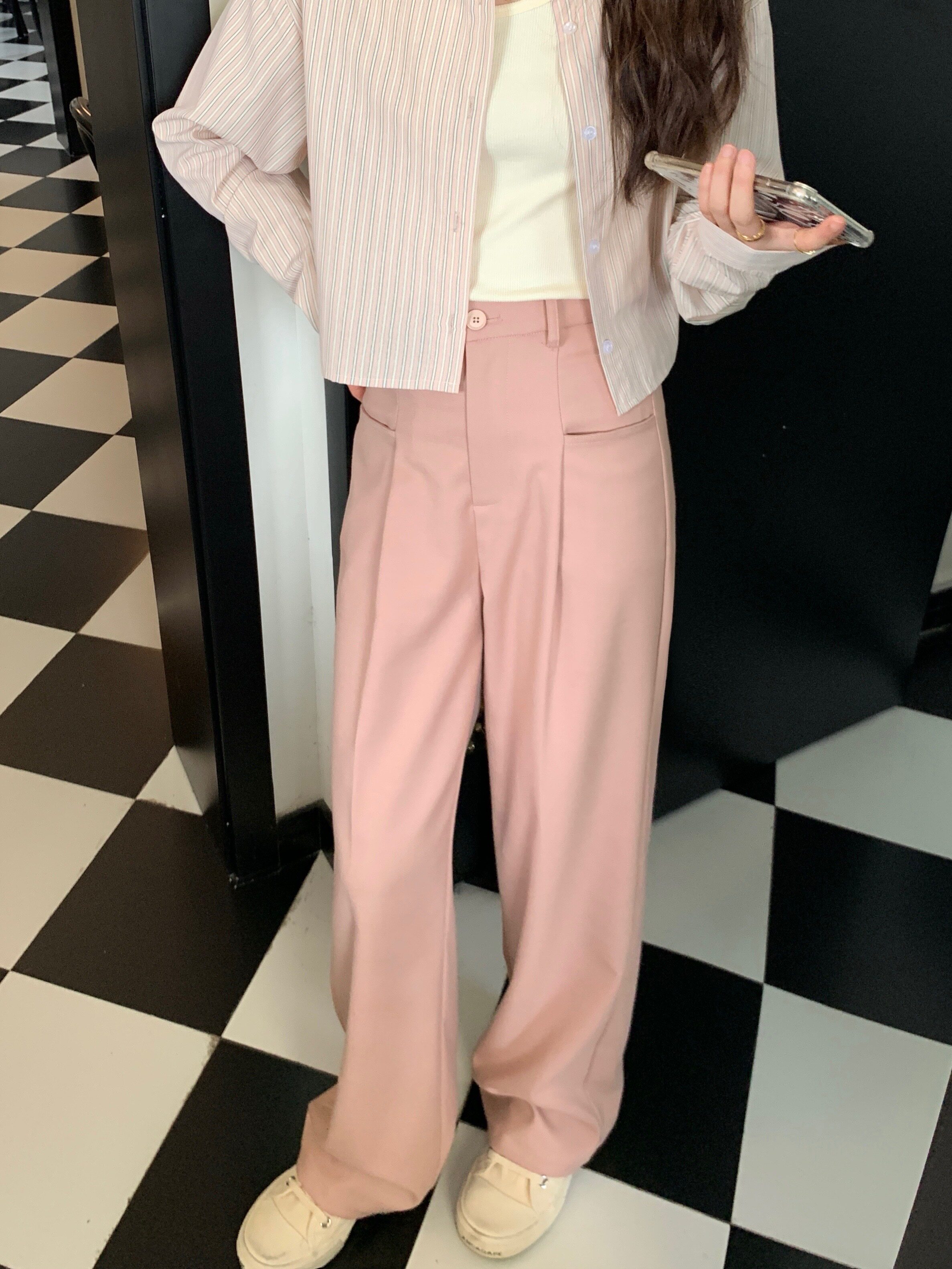 ikoon加密显瘦韩版西装裤虾粉色裤子女春秋小个子直筒拖地长裤