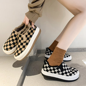 棋盘格子丑萌大头面包鞋女冬2021新款一脚蹬乐福加绒豆豆雪地棉鞋