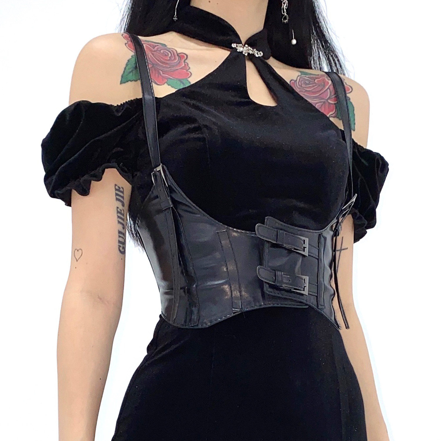 鬼姐姐暗黑系欧美街拍背带式腰封装饰黑色朋克风配西装腰带女束腰