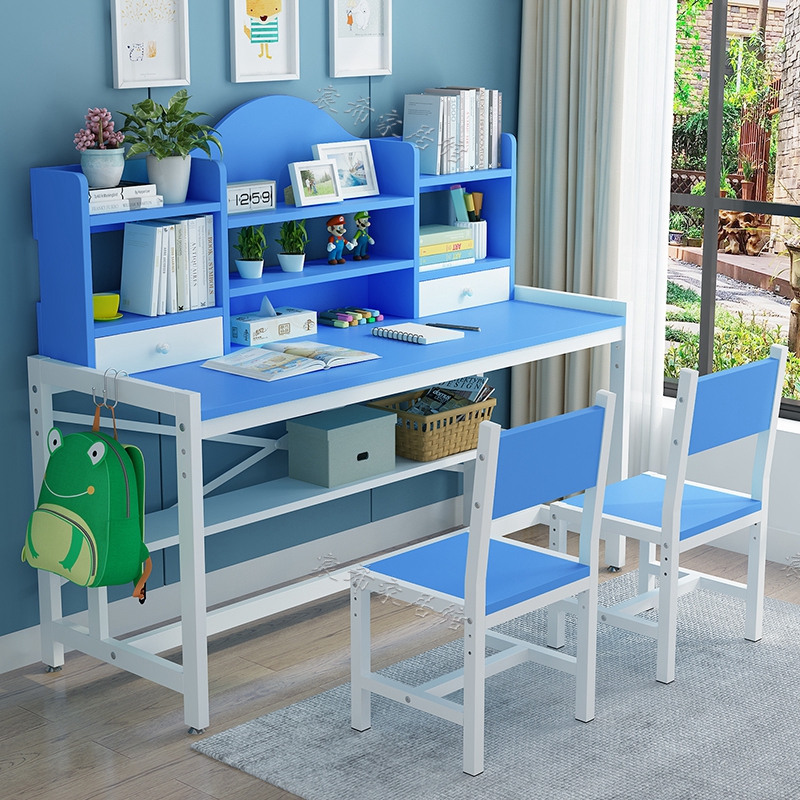 儿童学习桌双人可升降小学生书桌家用写字桌书架现代简约桌椅套装