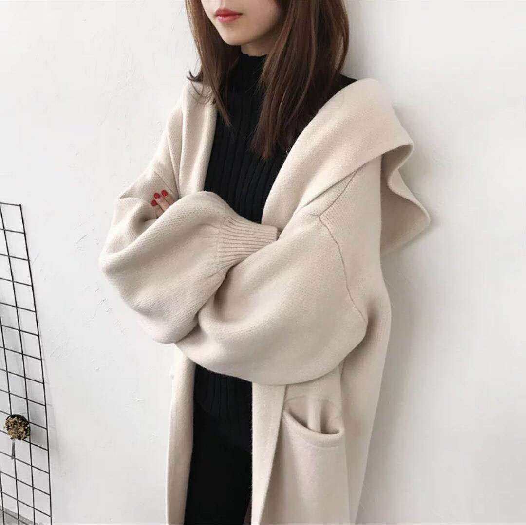 秋冬外衣长款白色连帽毛衣开衫加厚宽松线衣长袖羊毛针织衫外套女