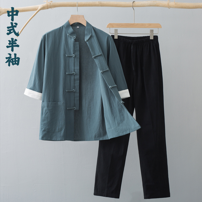 唐装男夏季薄款短袖中袖套装中国风男装中式复古盘扣纯棉汉服茶服