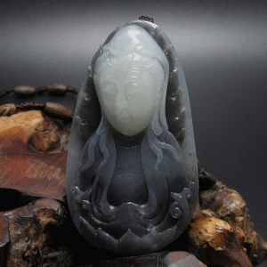 大爱之物新疆和田玉青花黑白分明巧雕玉面观音挂件保平安吊坠