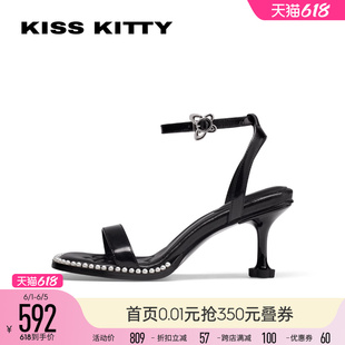 KISSKITTY2024夏季新款一字带时装凉鞋黑色珍珠细跟绝美增高女鞋