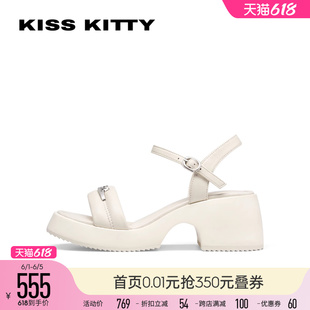 KISSKITTY2024夏季新款猫耳一字带凉鞋坡跟增高女鞋外穿运动凉鞋
