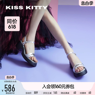 KISSKITTY2024年夏季新款法式凉鞋一字带坡跟女鞋外穿厚底运动凉