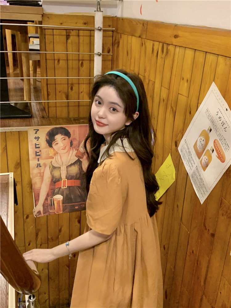 实拍甜美娃娃领撞色宽松高腰显瘦中长纯色连衣裙