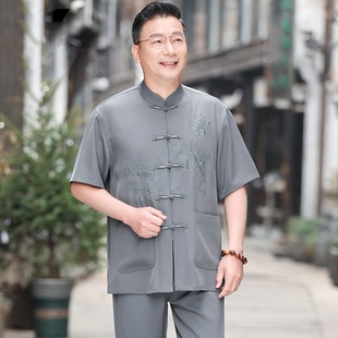 唐装男中老年人中国风夏季冰丝衣服爷爷短袖开衫汉服爸爸夏装套装