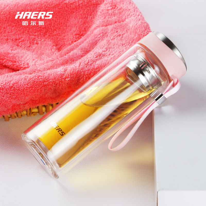 哈尔斯双层玻璃杯女学生简约便携透明水杯子ins风男士商务泡茶杯