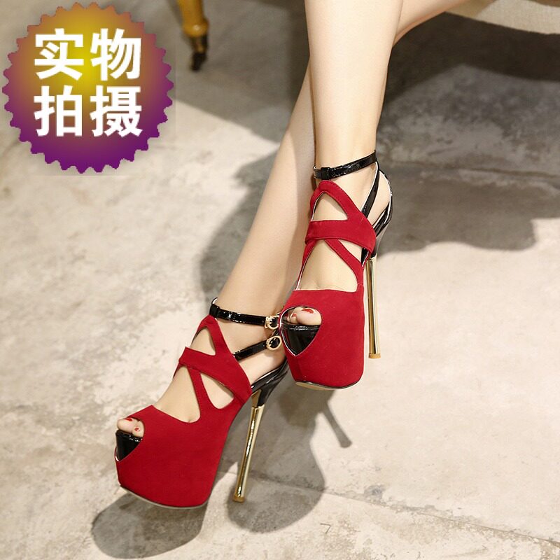 省5元 16夏热卖模特女鞋 18cm/20公分超高跟凉鞋超稳粗跟舞台演出鞋婚