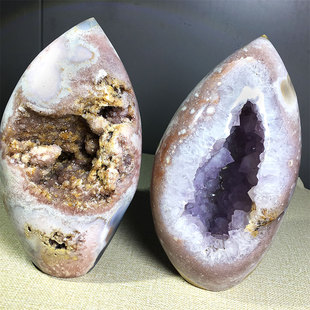 天然紫粉樱花玛瑙水晶洞原石打磨塔型爆晶收藏观赏石家居桌面摆件