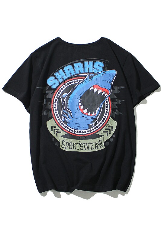 6月新品日系纯白底平铺原创休闲百搭超火鲨鱼印花t恤短袖t024-p30