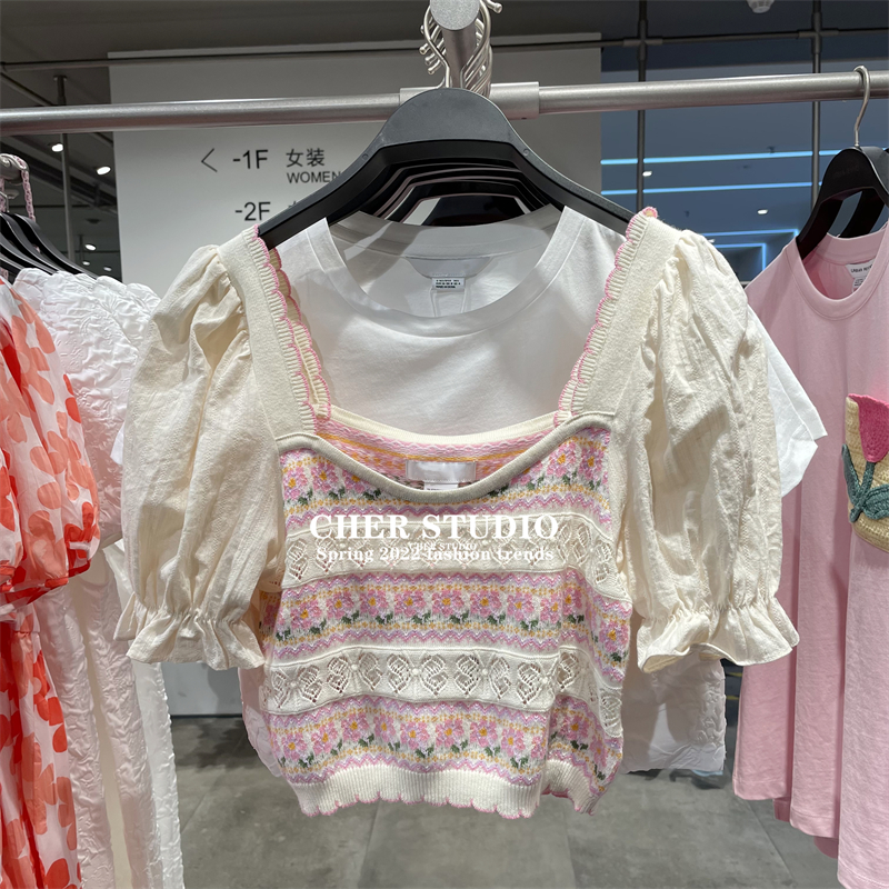 WIS&UR2024春夏新品甜美上衣夏季修身拼接短款针织方领短袖T恤女