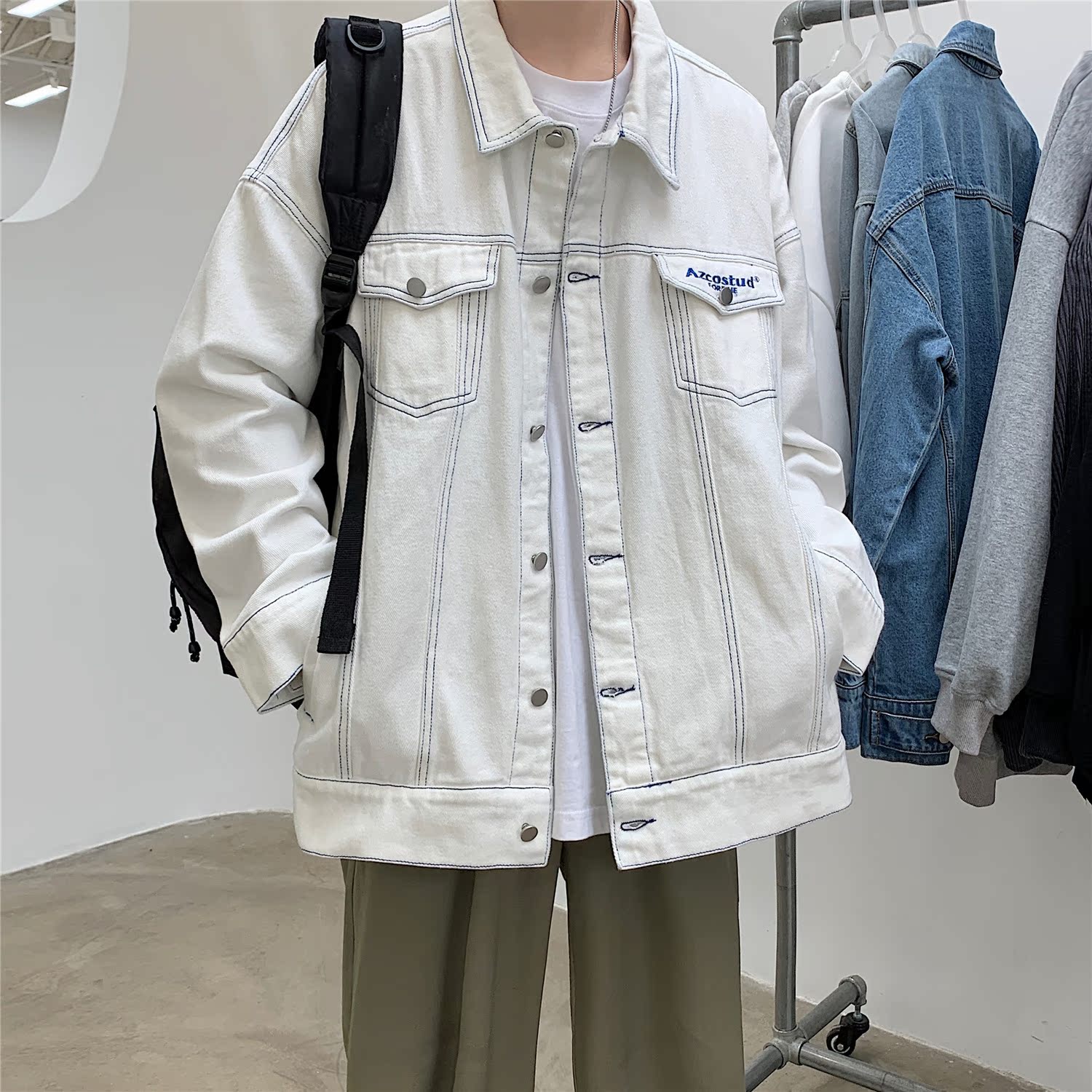 白色牛仔夹克男春秋季ins潮牌情侣宽松上衣日系休闲百搭工装外套