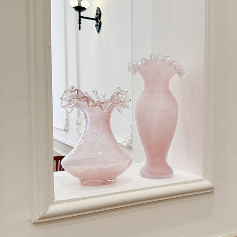HoneyMee中古芬顿粉色玻璃花瓶法式高颜值装饰摆件客厅软装插花器