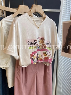 韩系正肩卡通印花减龄短袖t恤女夏季设计感小众宽松显瘦体恤上衣
