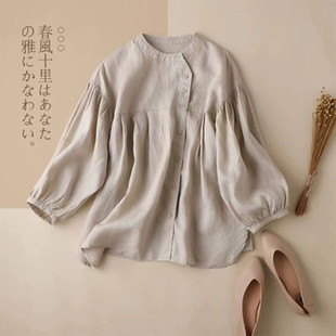 日韩新款纯色灯笼袖棉麻衬衣女宽松娃娃小衫设计感九分袖时尚衬衫