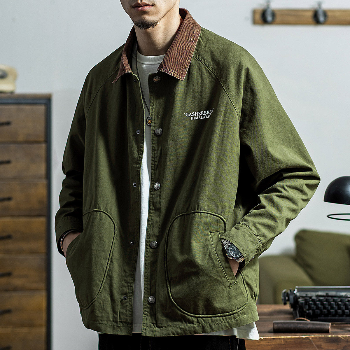 上弹工装 美式猎装夹克硬朗灯芯绒领口甲板服海军翻领美式外套潮