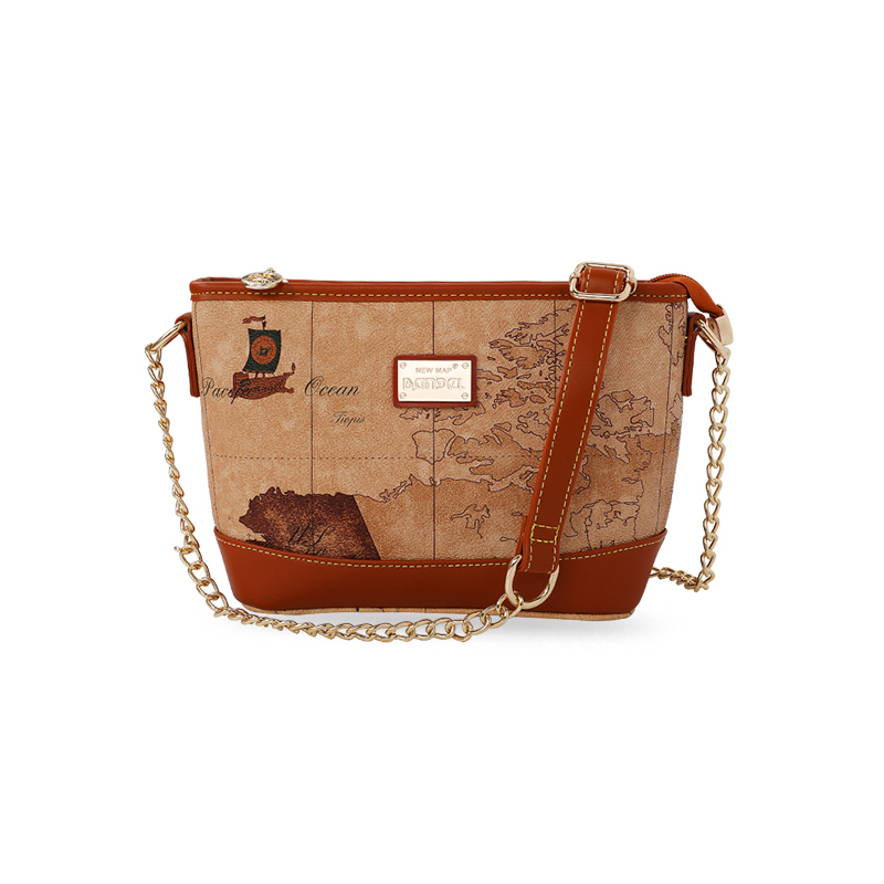 2022新款韩版地图包包 复古时尚水桶包单肩斜挎百搭ins链条包包女