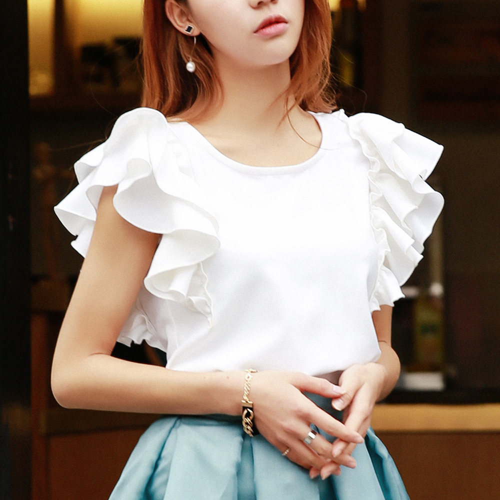 2021春夏新款清新甜美荷叶边飞飞袖雪纺上衣仙女短袖雪纺衫纺衫