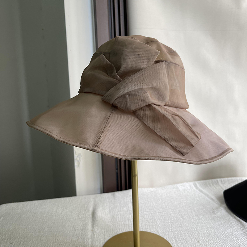 米色大檐桑蚕丝渔夫帽子女优雅大气防紫外线盆帽可折叠防晒遮阳帽