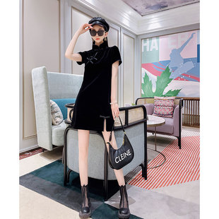 裙子2023夏季新款改良版旗袍中国复古风优雅气质黑色金丝绒连衣裙