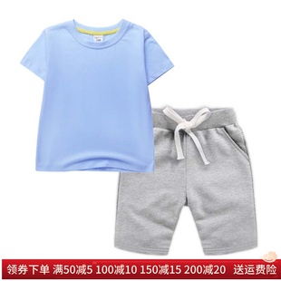童装夏季短袖纯棉两件套男女童休闲运动套装儿童T恤短裤纯色套头t