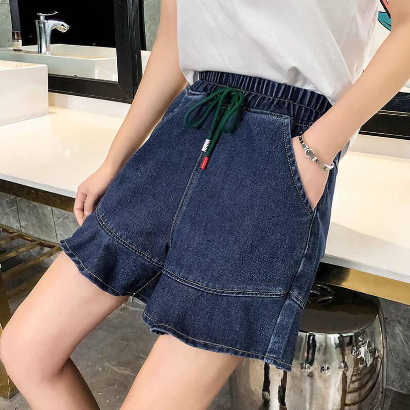 松紧高腰牛仔短裤阔腿女学生韩版宽松加肥加大码女装200斤胖妹夏