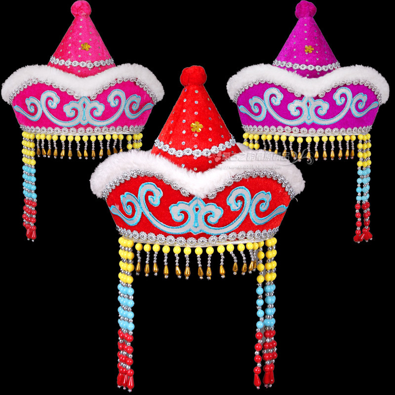 儿童蒙古族帽子秋冬棉边头饰少数民族贴花帽蒙古袍配饰尖顶公主帽