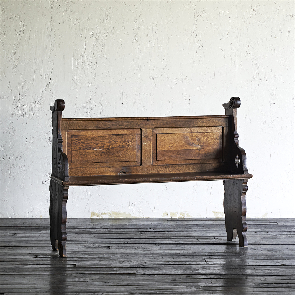 solighton北欧中古家具古董风法国1900s橡木扶手雕刻长椅教堂椅