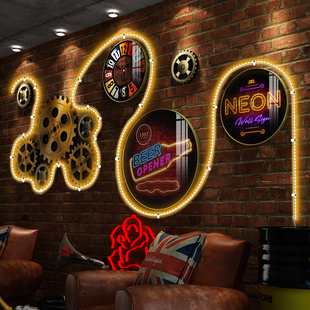 定制酒吧KTV墙面装饰画咖啡厅烧烤餐饮夜店复古工业风齿轮LED发光