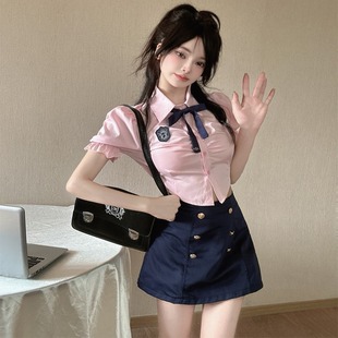甜辣妹学院风套装女夏韩系jk制服小个子收腰显瘦衬衫半身裙两件套