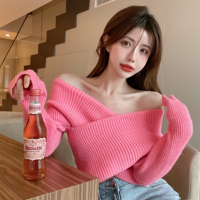 直播服装女装主播衣服清纯可爱性感显胸大一字肩交叉修身显瘦毛衣