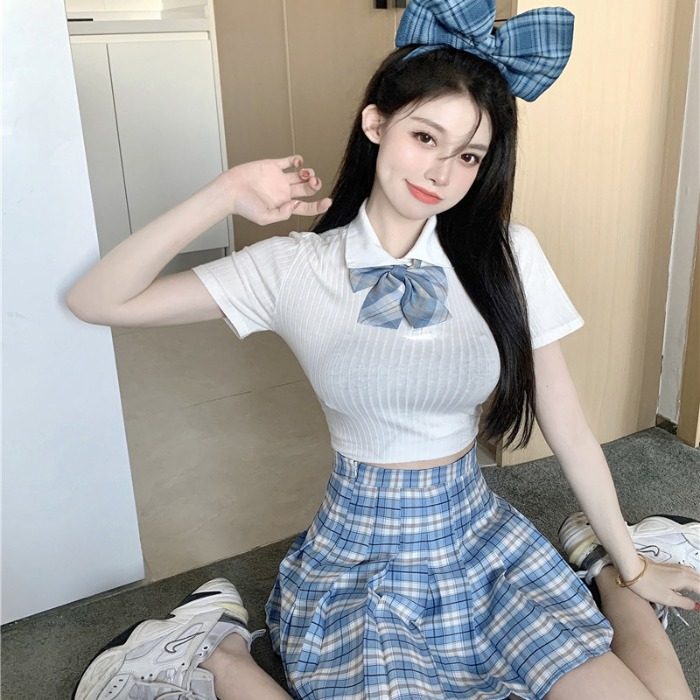 紧身jk制服套装夏直播衣服女主播服装上镜清纯甜美短款学院风上衣