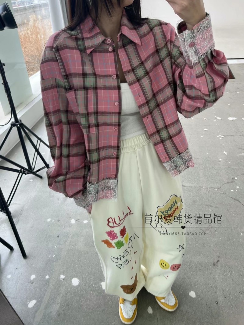 韩国东大门代购甜美格子长袖衬衫女 24春季短款翻领上衣宽松衬衣