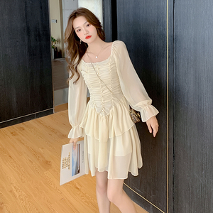 Square Neck Chiffon Long Sleeve pleated high waist slim Ruffle irregular dress