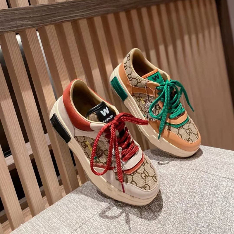 欧货商场同款gd老花真皮休闲板鞋女2022春季新款小熊学生松糕鞋子