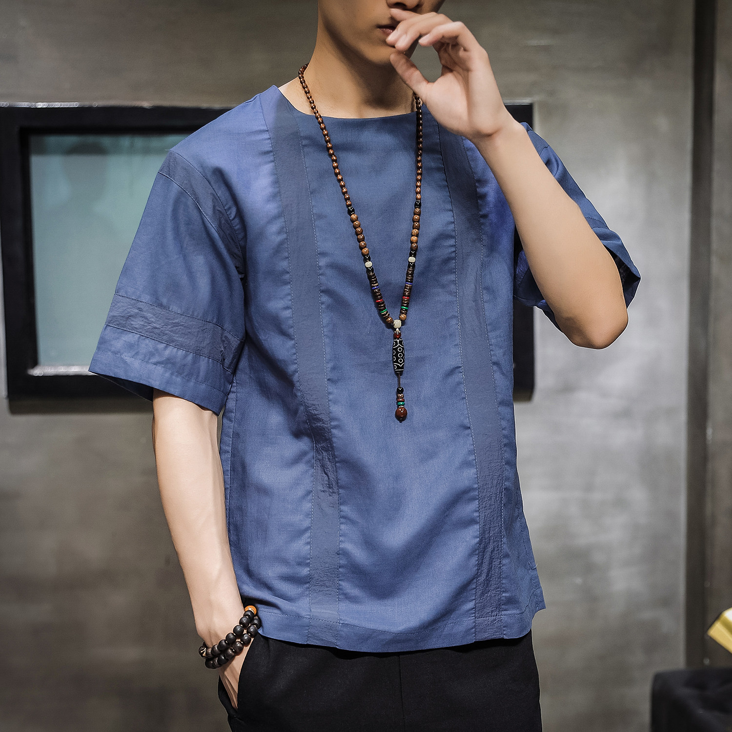 1807^中国风宽松棉麻t恤男短袖薄款圆领亚麻男装夏季 国潮t恤男