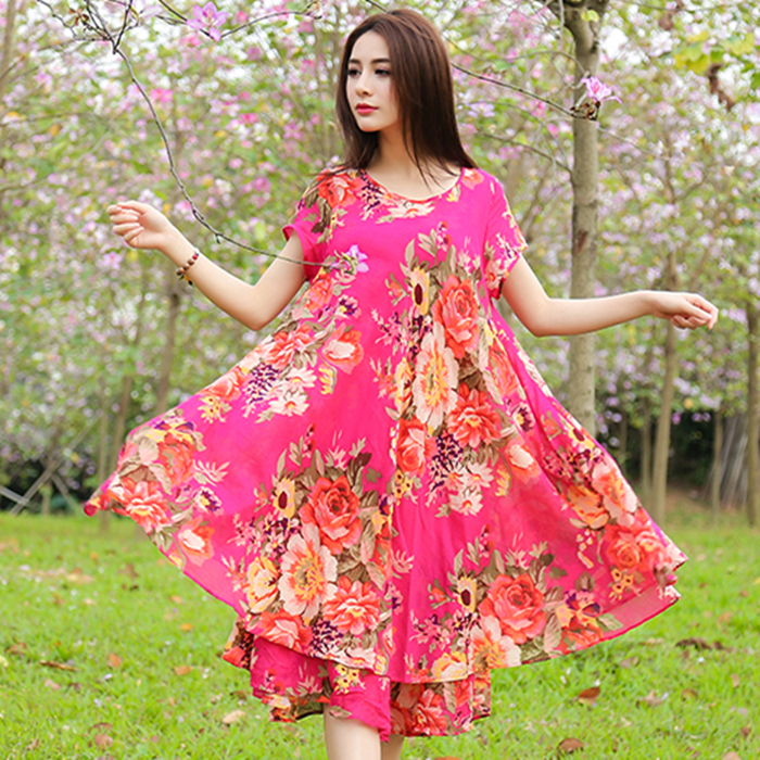 一折中老年大花连衣裙_2020夏季新款民族风连衣裙中长款棉麻大摆裙
