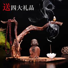 禅意小和尚陶瓷创意倒流香薰炉风化原枯木头树根底座家居客厅摆件