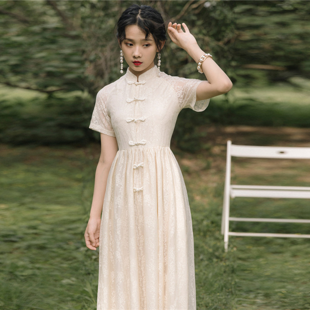 民国风名媛气质小洋装复古女装改良旗袍年轻款中式立领蕾丝连衣裙优惠